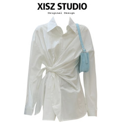 Korean Style White Shirt with Side Waist Tie Design for Women, Suitable for Summer and Early Autumn, Slimming and Versatile, Regular Shoulder Top