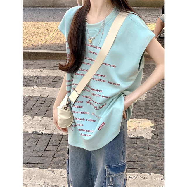 American retro projectile letter alphabet sleeveless sports vest T -shirt women summer shoulder loose design sense niche top
