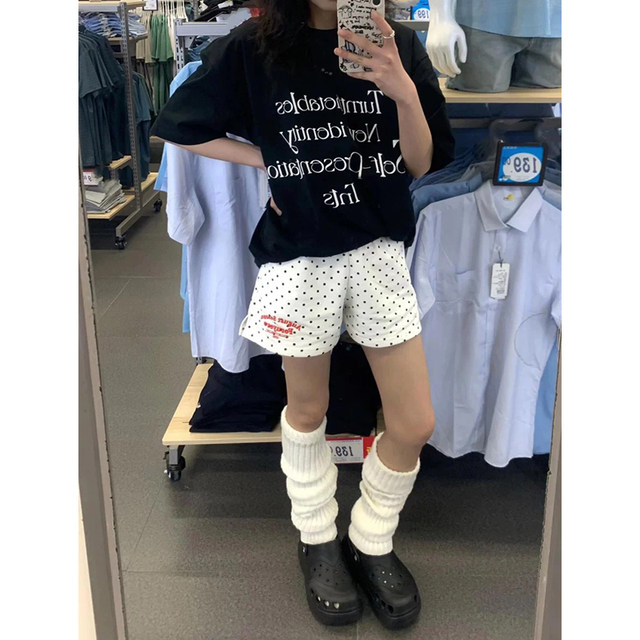 White polka dot embroidered sports shorts for women in summer thin casual loose small high waist design wide-leg pants