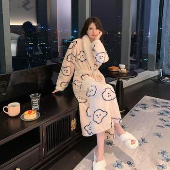 
Bathrobe for women winter coral velvet long nightgown warm flannel cute Japanese style 2024 new cute pajamas for women
