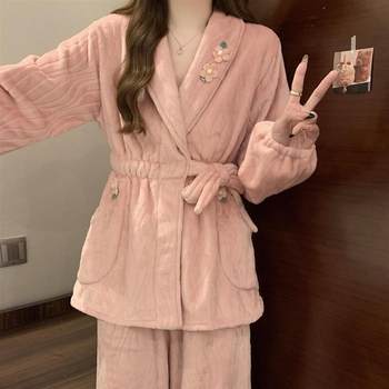 
Palace style autumn and winter thickened velvet lace flannel embroidery girly style light luxury pajamas women's suit for going out