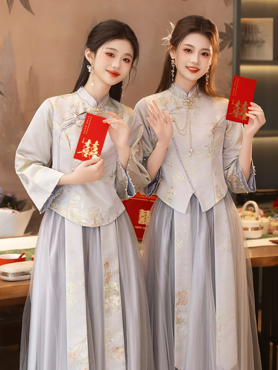 chinese bridesmaid dresses Bridesmaids Gray Chinese Style Dress (BM02) M / Long / Gold main image 0