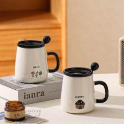 Simple Cartoon Mug, Ceramic Coffee Cup with Lid and Spoon, Household Drinking Cup, Birthday Gift, Store Souvenir