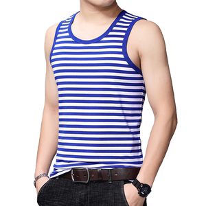 Summer sea soul shirt sweat vest male sleeveless T -shirt pure cotton blue and white striped shoulder sporty elastic middle -aged vest