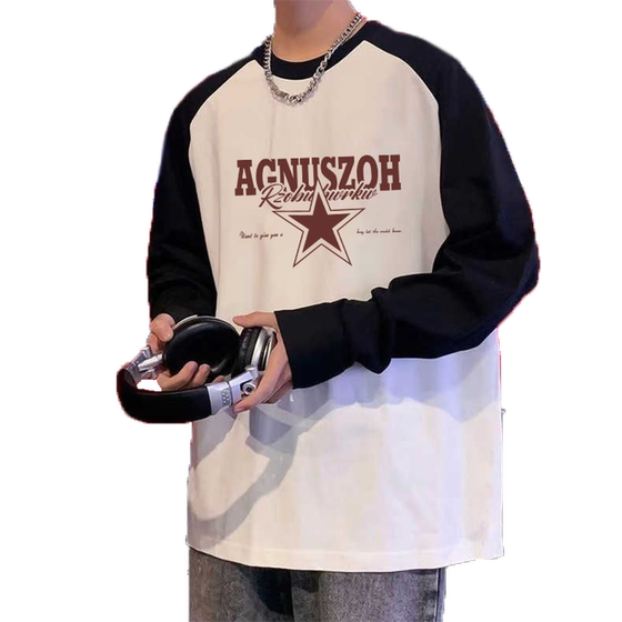 
Pure cotton long-sleeved T-shirt men's spring and autumn 2026 new loose large size raglan contrasting color bottoming shirt top ins trend