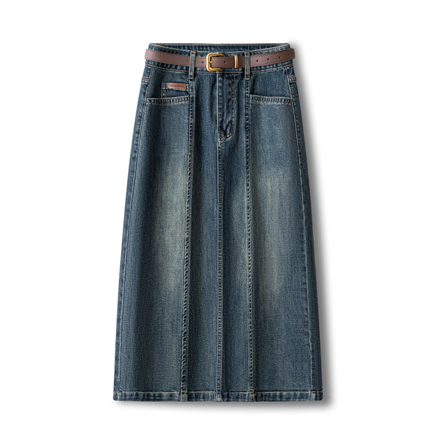 Retro dressing denim skirt spliced ​​mid-length skirt for women 2024 autumn new high-waisted slim hip skirt
