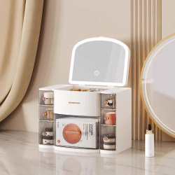 Chuangweishi Cosmetic Storage Box with Mirror, Skin Care Product Makeup Box, Dressing Table Dust-Proof Plastic Storage Rack with Light