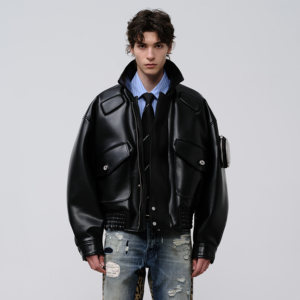 
Fly up FACEONLAB original design metal armband leather cotton coat men's lapel zipper warm leather coat