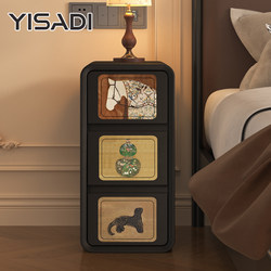 Solid Wood Black Mid-Century Style Bedside Table Narrow Side Cabinet Cat Scratch-Resistant Leather Bedroom Small Apartment Bedside Storage Cabinet Locker