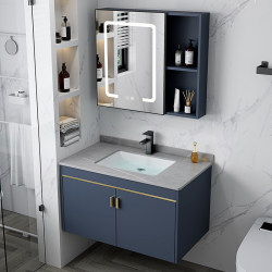 Rounded Corner Space Aluminum Bathroom Cabinet Set with Ceramic Washbasin for Home Use, Integrated Rock Slab Washstand
