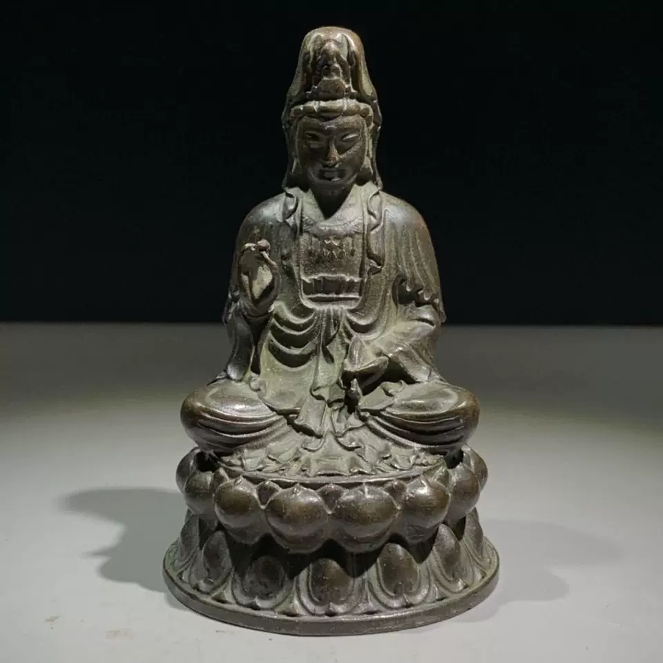 乡下收来老铜净瓶观音佛像观音大士坐莲观世音菩萨