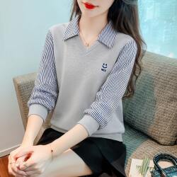 Fake Two-Piece Pure Cotton Shirt for Women, Spring and Autumn 2026 New Style, Loose Patchwork Striped Long-Sleeve Collared Shirt Top