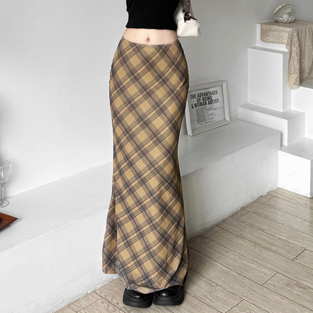 WEIRD PUSS American College Retro Plaid Print Versatile High Waist Skirt Women's Slim Mesh Long Skirt