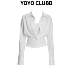 Yoyoclubb Korean-Style White Faux Two-Piece Shirt, New Spring Model, Long-Sleeve, Turn-Down Collar, Slimming, Versatile, Commuter Top