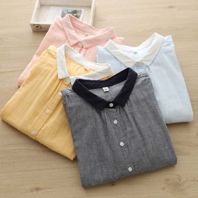 Double-layer cotton garland plaid long-sleeved shirt for women loose large size 2025 spring clothing literary and casual pure cotton soft shirt