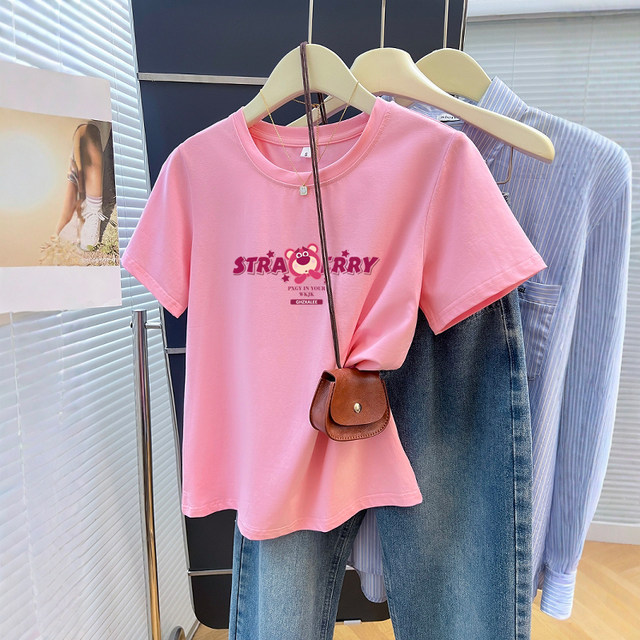 Pink T-shirt for women with small cartoon age-reducing students short sleeves 2025 new hot summer pure cotton round neck top