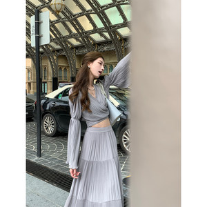 Sourcewithu Paris Street Corner French Low -F -Wicker High -waisted Wrinkle Long Skirt Advanced Skin Set
