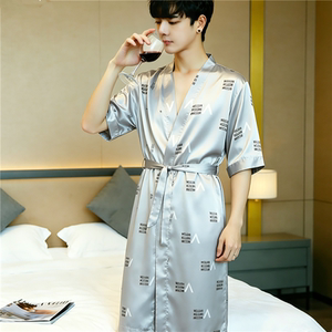 High-end nightgown for men summer short-sleeved thin ice silk bathrobe men's mid-length sexy silk pajamas home clothes