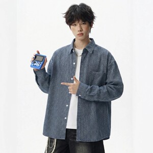 
Retro striped washed denim long-sleeved shirt for men spring style with split back design Japanese loose shirt jacket