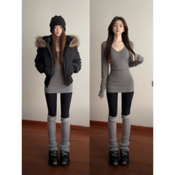 Gray V-Neck Mid-Length Bottoming Shirt That Covers the Buttocks for Women in Autumn and Winter, Slim-Fitting Waist-Cinching Right-Shoulder Long-Sleeved T-Shirt Top