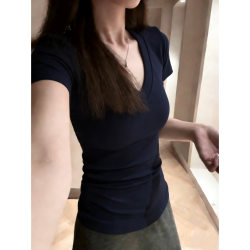 Design-Focused, Unique, Regular Shoulder, V-Neck, Pure Cotton, Short-Sleeved T-Shirt for Women, Summer Slim-Fit, Versatile, Regular Shoulder, Navy Blue Top