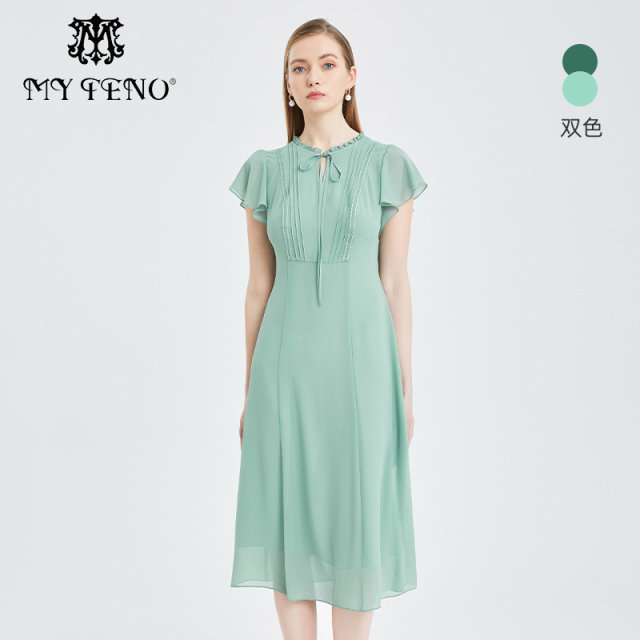 The same style of Matiannu women's clothing in the mall, the new spring and summer products, solid color lotus leaf sleeve dress, pleated high-waisted chiffon skirt

