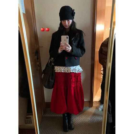 MOWENTI Wenwenting Christmas red pleated skirt 2024 winter style atmosphere women's A-line high-waisted skirt
