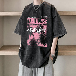 Designed with a Sense of Style, Summer Washed and Distressed Short-Sleeved T-Shirt for Men ins Trendy Brand Loose American Retro Pure Cotton Half-Sleeve T-Shirt