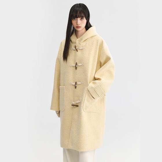 
Pink ers co-branded autumn and winter sweet college style hooded woolen coat warm yellow mid-length woolen coat