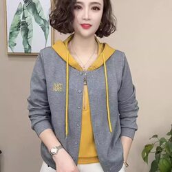 Spring and Autumn New Fashion Hooded Fake Two-Piece Sweatshirt for Women, Versatile, Slimming, Loose, Casual, Age-Reducing Long-Sleeve Top