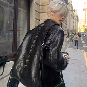 
Silver dragon spine three-dimensional structure leather stand-up collar motorcycle jacket for men and women autumn American retro design shoulder pad leather jacket