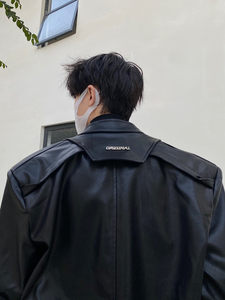 Advanced short -level locomotive leather coat men's niche metal design sense black casual lapel shoulder jacket jacket