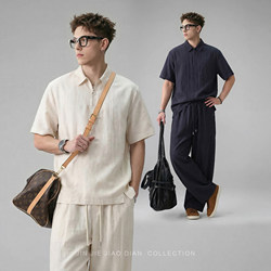 Natural Linen Leisure Sports Suit for Men in Wabi-Sabi Style, Made of Lyocell and Natural Linen, Short-Sleeved Shirt for Summer 2026