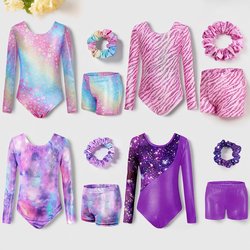 Gymnastics Suit Long-Sleeved New Style European and American Performance Printed Girls' Triangle Jumpsuit Shorts Kidsren's Gymnastics Dance Training Suit
