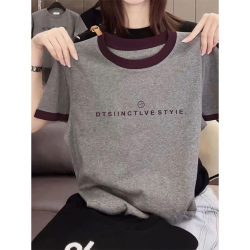 Niche Design 2025 New Style Regular Shoulder Color-Blocked Pure Cotton Short-Sleeve T-Shirt for Women, Korean Fashion Casual Versatile Top