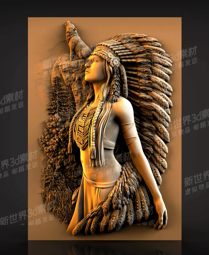 印第安人女人狼啸精品新浮雕装饰3d平雕模型stl素材obj精雕图jdp-Taobao