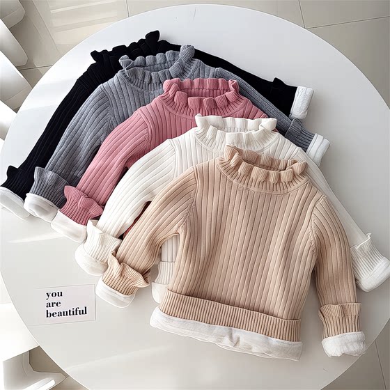 
Children's undershirt with women's sweater plus knitted parent-child thickened pure cotton top velvet warm winter baby base layer