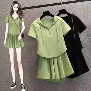 Large size women's clothing 200*0.5kg fat sister in summer new hooded loose casual skirt sports age two -piece female