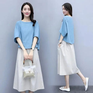 
Cotton and linen dress suit for women 2025 summer new fashion bat sleeve T-shirt to make you look slim and age-reducing large size two-piece set
