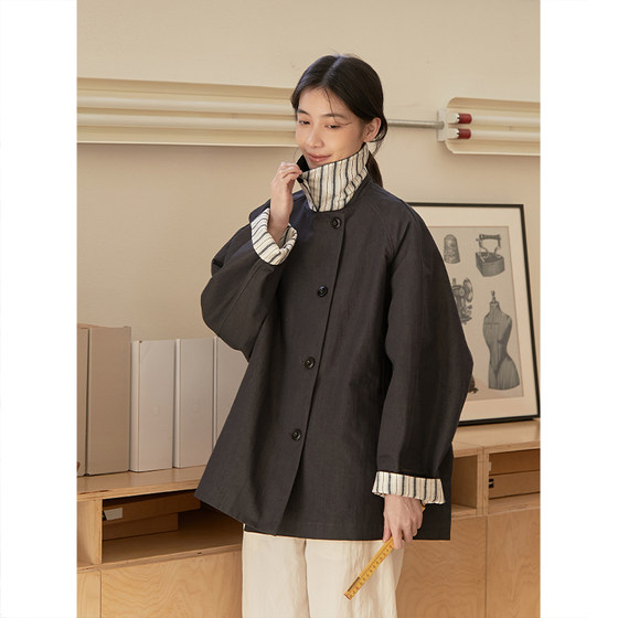 
Seams Sense literary retro loose silhouette denim style color-blocked short windbreaker jacket 17149