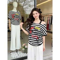 Striped Off-Shoulder T-Shirt Slimming Short-Sleeve 2026 Summer New Cool Letter Print Casual Top for Women