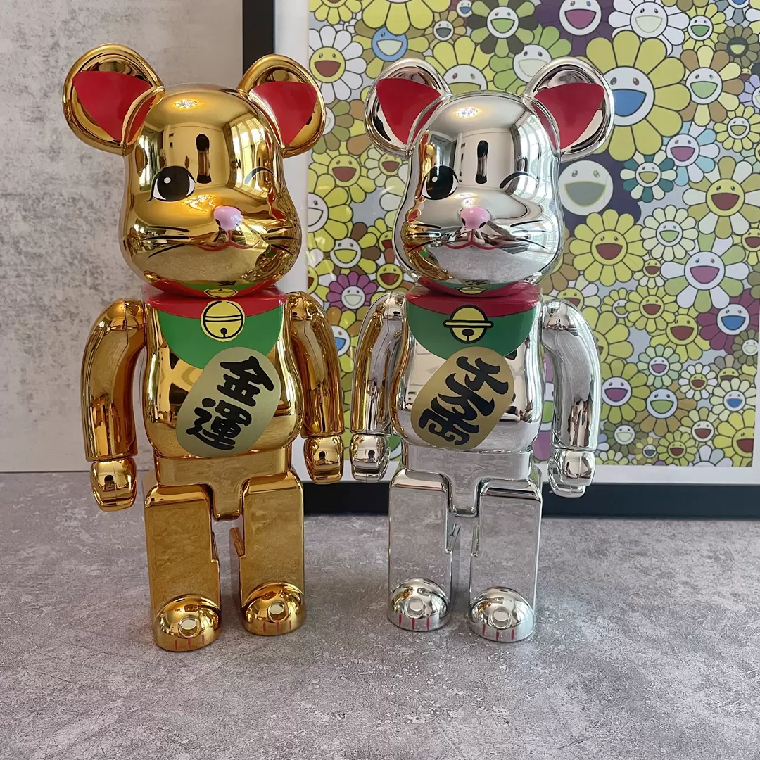 bearbrick400%暴力熊招財貓金運電鍍金銀積木熊公仔模型擺件玩偶-Taobao