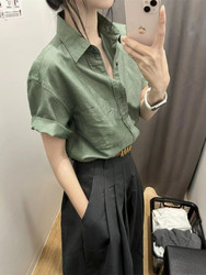 Green Cotton and Linen Short-Sleeved Shirt for Women, Summer Thin Style, High-End Feel, Super Nice-Looking Linen Shirt, Polo Collar Top