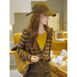 Korean Style Age-Reducing Color-Block Striped Hooded Knit Top for Women, This Year's Popular Hot Item, Fake Two-Piece Slimming Casual Top