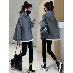 Long-Sleeved Hooded Sweatshirt for Women, Fleece-Lined and Thickened, Gray Letter Embroidery Top, Stylish Plus-Size Belly-Covering Base Layer Hoodie