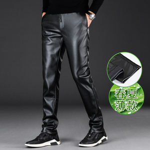 
Spring and summer slim leather pants for men, thin, stretchy, winter velvet, motorcycles, youth, windproof and waterproof, men's small feet