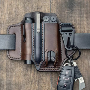 
Outdoor portable cowhide EDC tool kit Multi-function tactical knife tool cover Flashlight cowhide waist bag