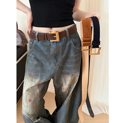 Curry Suede Large Square Buckle Belt Women's Fancy Decoration with Denim Belt Retro Maillard Waist Accessories