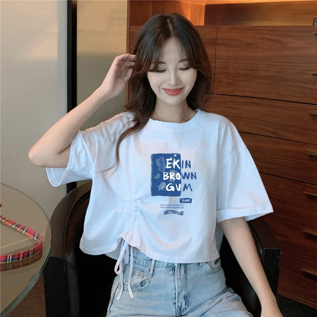 Summer short slim design niche white loose elastic short-sleeved T-shirt women's top base shirt ins