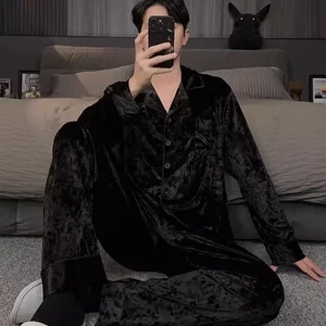 
2025 new high-end black gold diamond velvet pajamas for men, autumn and winter gold velvet men's home wear set